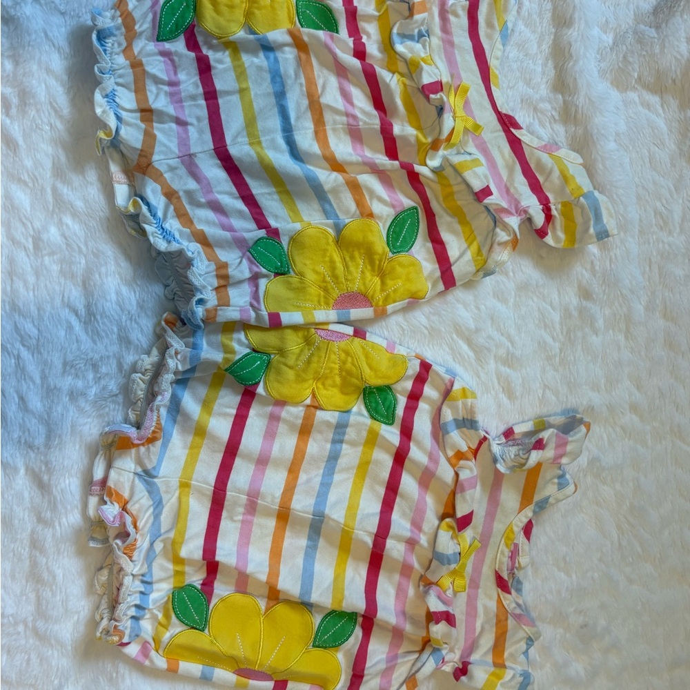 Good Lad Rainbow Stripe Romper with Yellow Flower Applique